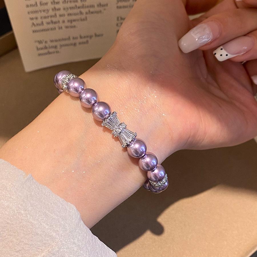 Mist Purple Cubic Zirconia Pearl Beaded Elastic Bracelet - Versatile Light Luxury Hand Jewelry