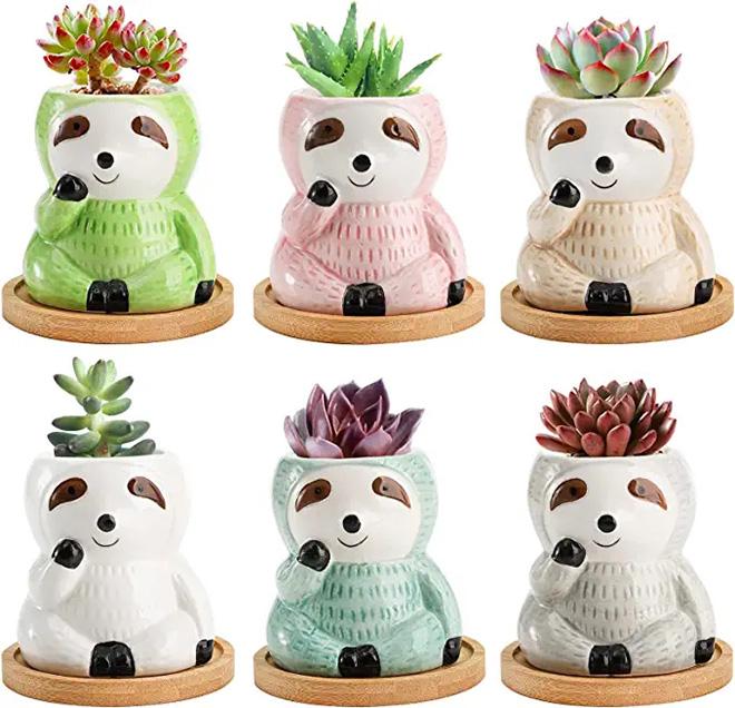 Dropshiping Sloth Planter With Bamboo Tray Indoor Outdoor Ceramic Animal Planters Pots Succulent Plant Pot for Air Plant