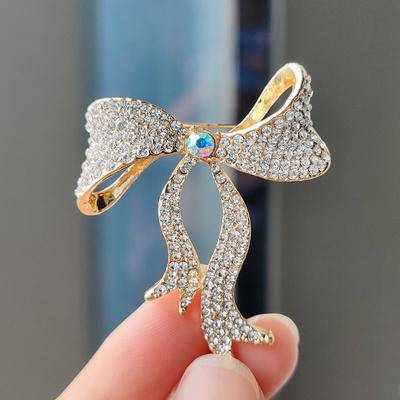 Super Flash Full Diamond Zircon Bow Brooch Corsage Female Elegant High-end Suit Pin