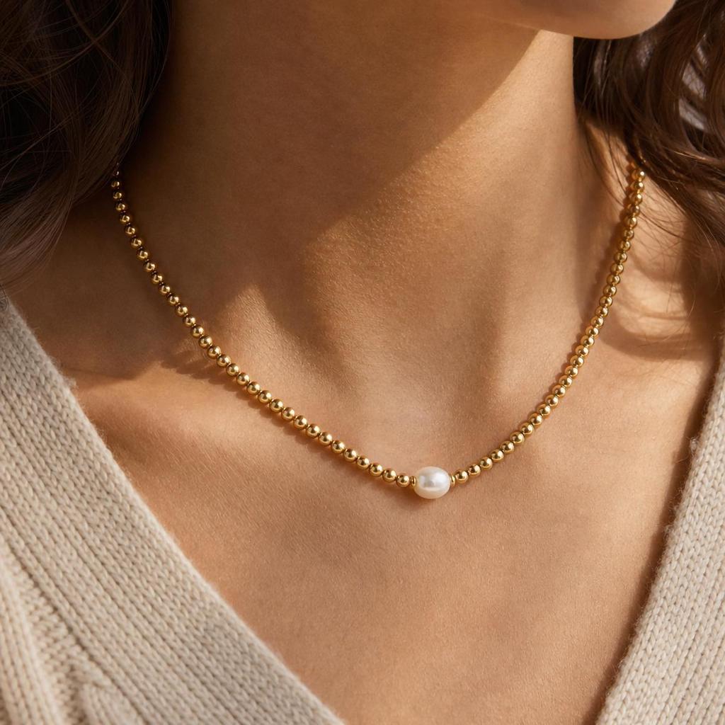 Retro Freshwater Pearl & Chain Necklace with Beads, Stainless Steel Clavicle Chain, Trendy European & American Style