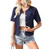 Women European Style Short Sleeve Button Front Cropped Round Neck Knitted Cardigan Sweater