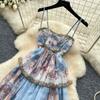 French Romantic Style Blue Floral Spaghetti-Strap Long Dress for Women Summer Korean-Style Tiered Slimming VacationBeach Dress