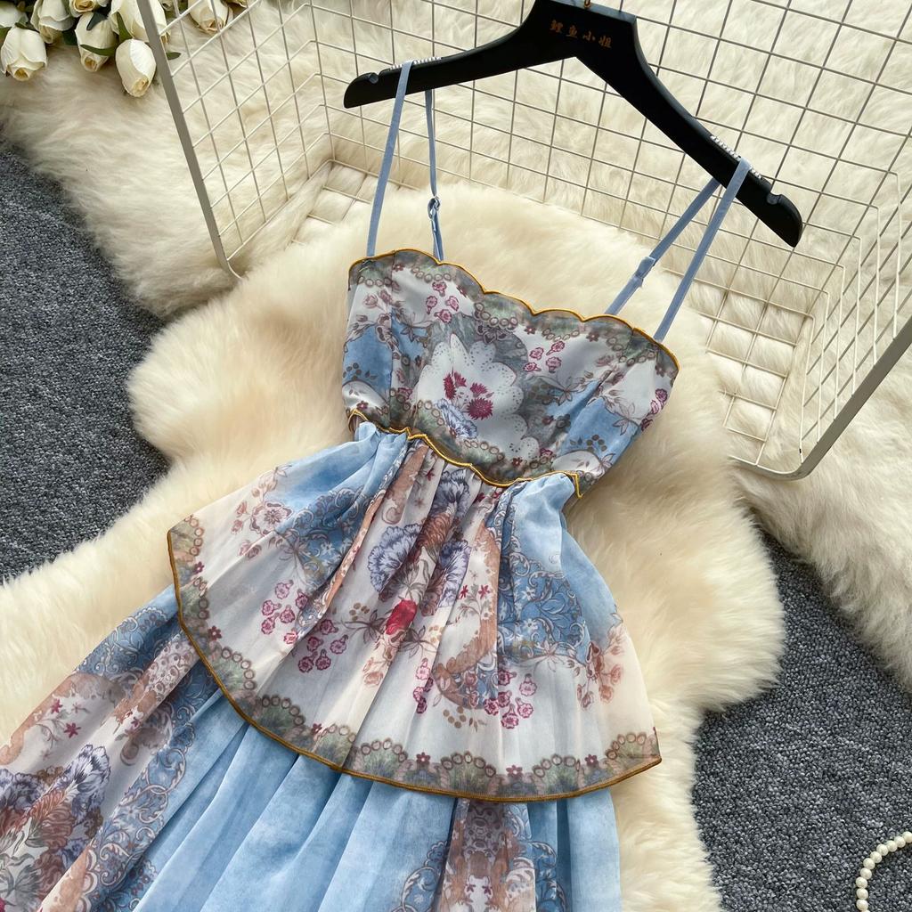 French Romantic Style Blue Floral Spaghetti-Strap Long Dress for Women Summer Korean-Style Tiered Slimming VacationBeach Dress
