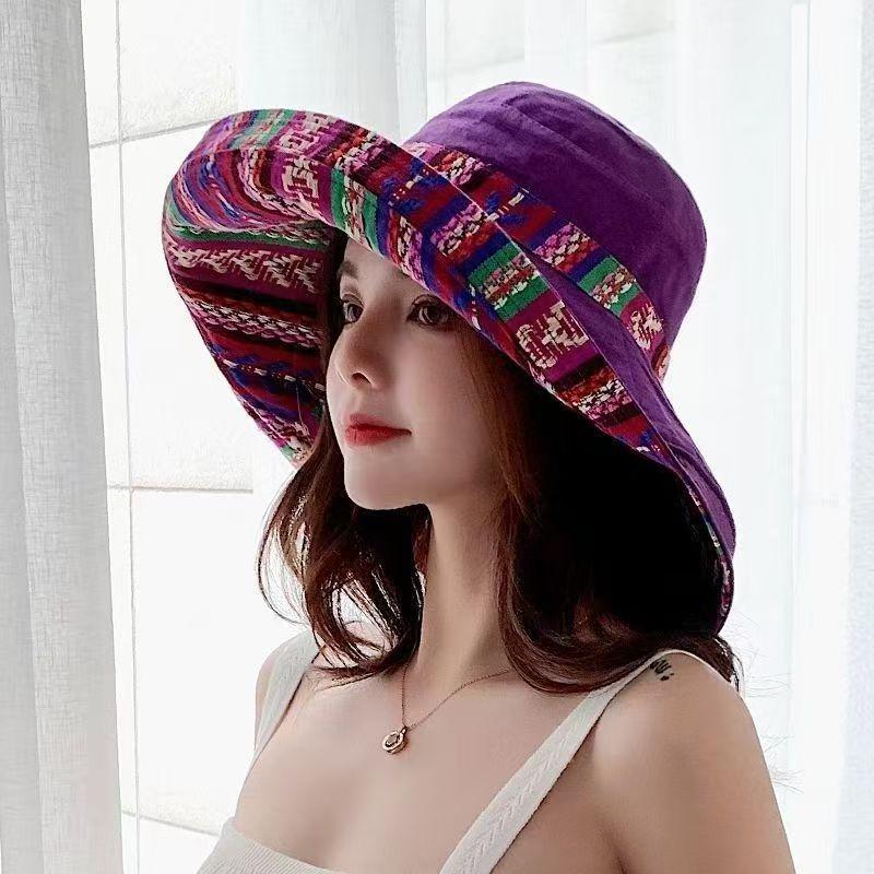 Hat women's summer big edge double-sided sunshade bucket hat Korean version versatile ethnic style travel sun protection Cap