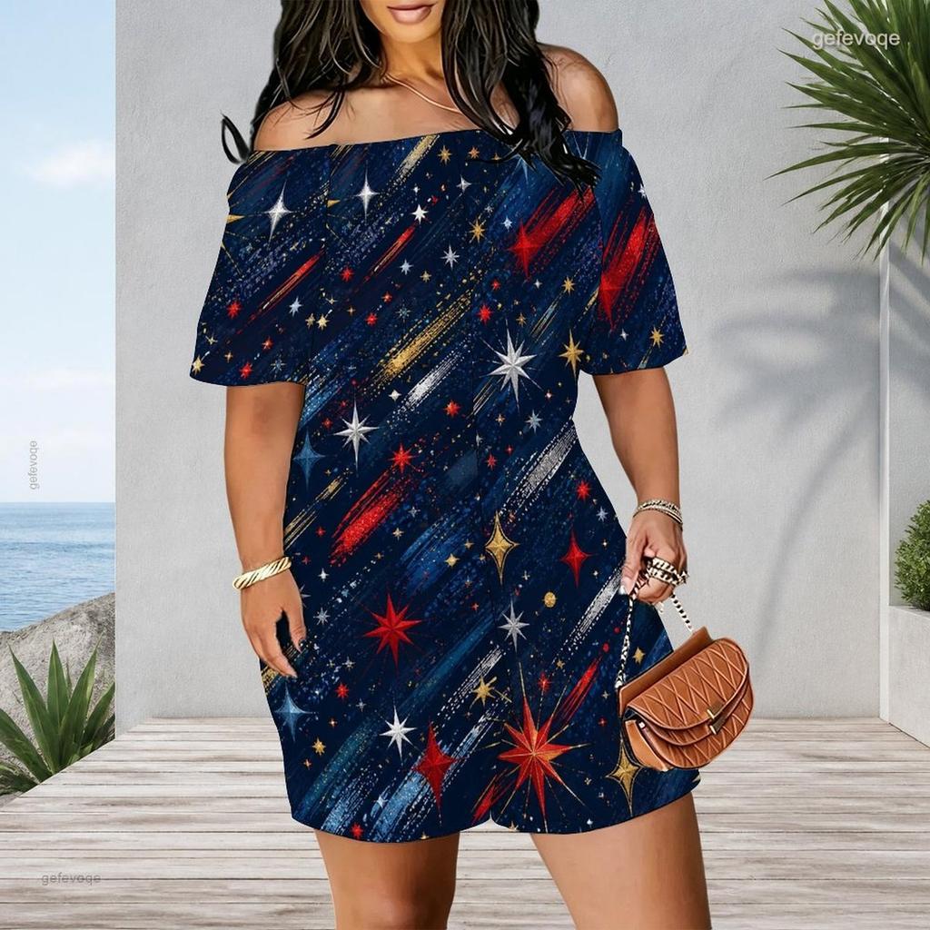 Women Plus Size Off Shoulder Short Sleeve Romper Abstract Liquid Marble Swirl Print Casual Jumpsuit Shorts
