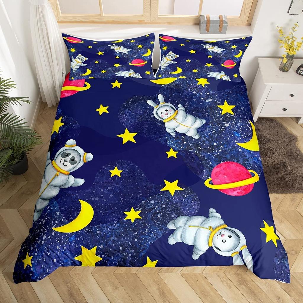 Cartoon Rabbit Duvet Cover Twin Cute Animal On The Moon Quilt Cover Microfiber Cloud Galaxy Space Bedding Set for Boy Girl Gift