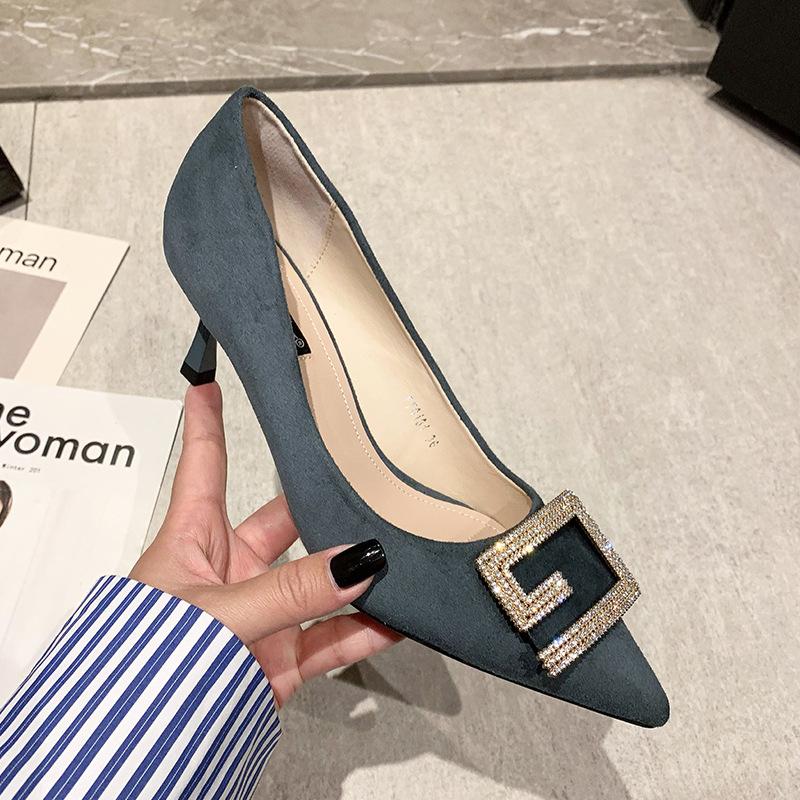 Single shoes women's new high heels pointed thin heels rhinestone versatile girl black cm cm