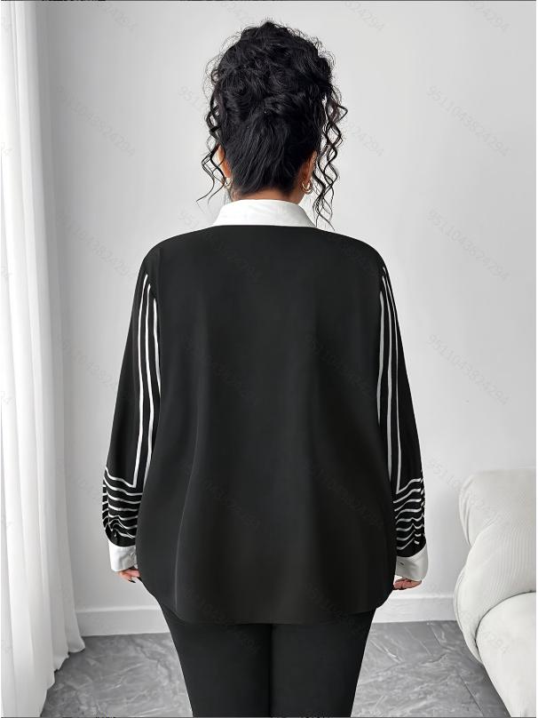 2026 Spring Plus Size Women's Color Block Digital Print Long Sleeve Shirt