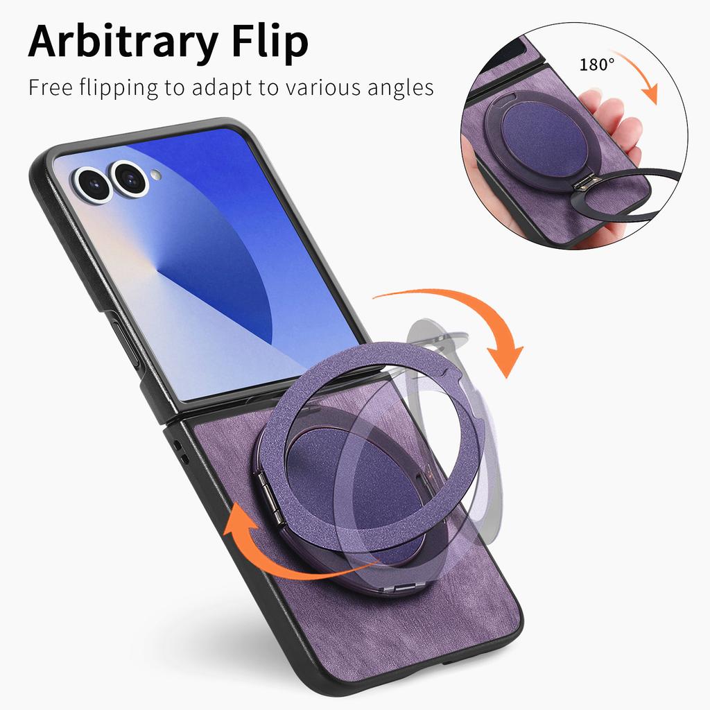 For Samsung Galaxy Z Flip7 5G Phone Case with Rotating Kickstand Stress Relief Retro Leather Back Cover