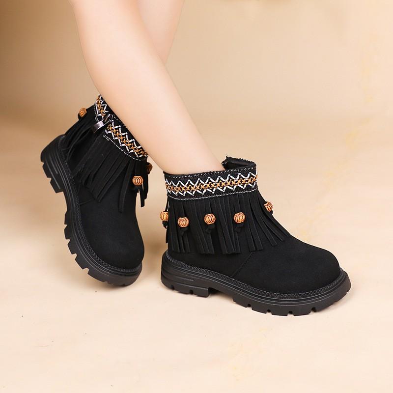 Girls Winter Boots With Tassel Trim Faux Leather Mid-Calf Warm Shoes Kids Ages 4-12 Rubber Sole Anti-Slip