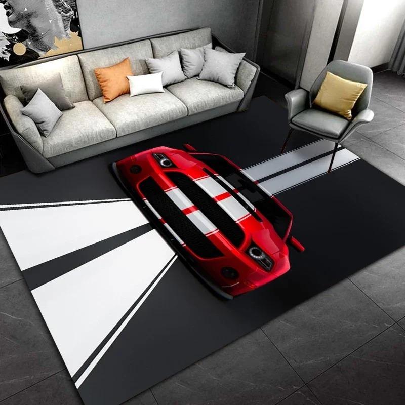 Large Size Car Themed Rug, Sports Car and Artistic Pattern Living Room Mat, Home Decor Carpet, Diverse Scene Floor Cover
