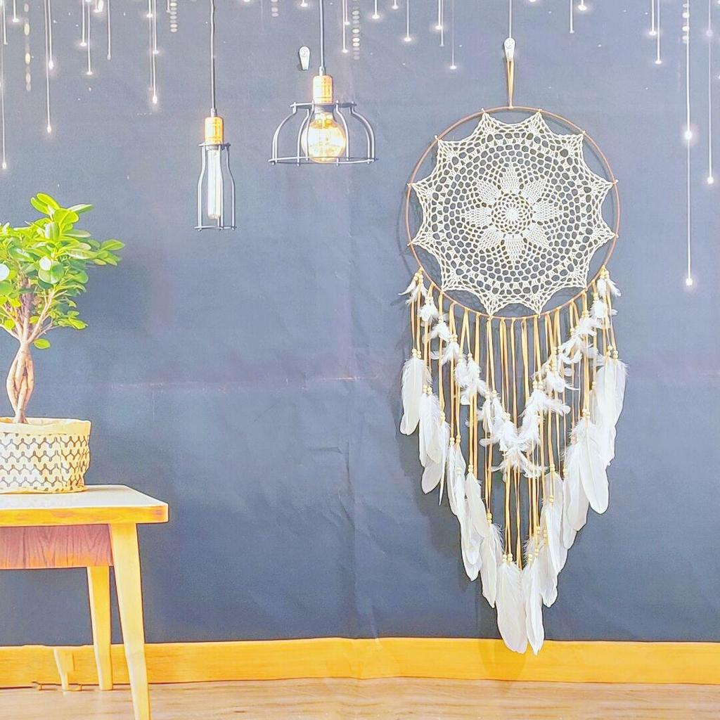 Nordic Feather Wind Chime Dream Catcher: Creative Crochet Hanging Ornament for Home or Wedding Decor.