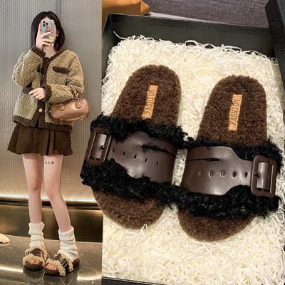 Fashion 2024 Fashionable Women's Cotton Slippers Thick-soled Plush High-heeled Luxury Winter New Women's Flat-soled Buckle Cotton Shoes