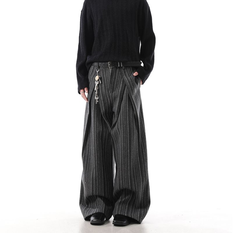 

Dream Made Old Money Style Light Luxury Pleated Woolen Trousers for Men, Spring and Autumn Straight Wide-Leg Woolen Pants Black Gray 2XL