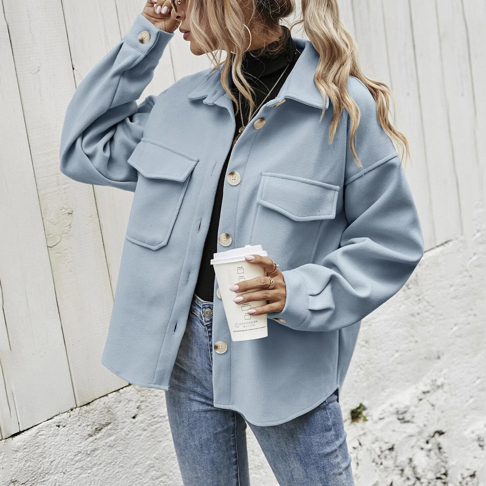 Женская модная однобортная рубашка с длинным рукавом и карманом — фото 7
