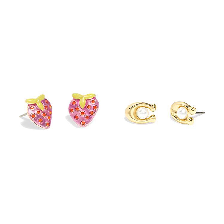 Coach Sweet Elegant Strawberry Logo Brass Plated Earrings Set Women earrings Pink Gold CI887 Pink/Gold,F