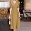 ZANZEA Elegant Women Casual Doll Collar Half Sleeve Long Dress
