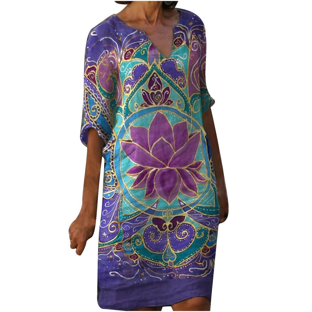 Women Half Sleeve V-Neck Casual Hot Vacation Printed Short   Dress