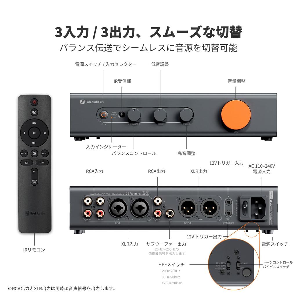 Fosi Audio ZP3 Balanced Preamplifier with 2 RCA Inputs and 1 XLR Subwoofer for Stereo and Home Audio Preamplifier with HPF Filter and Tone Japanese