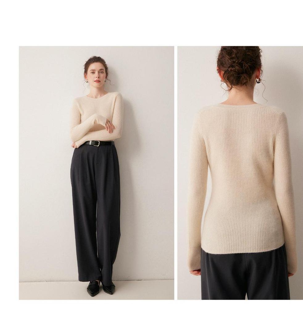 Autumn/Winter Women's Striped 100% Cashmere Round Neck Slim Knit Sweater