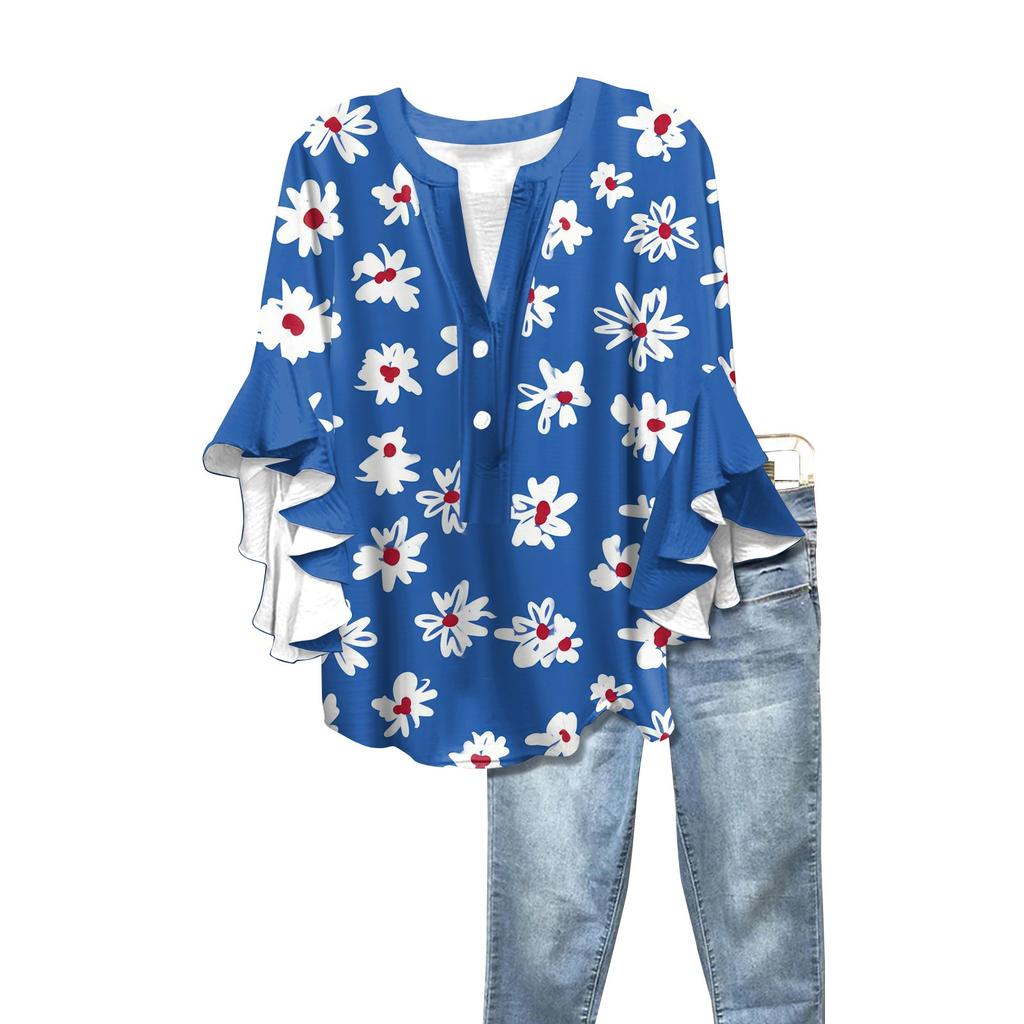 Summer Women's Tops V-Neck Seven Sleeve Shirt Spring Summer Floral Printed Tops Casual Shirt