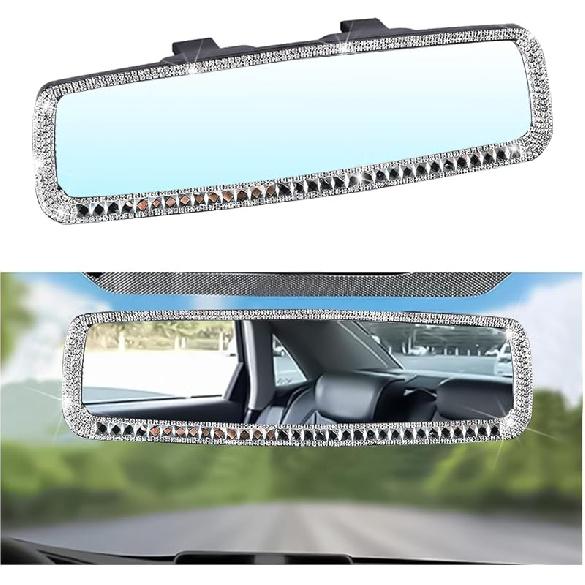 Bling Car Rear View Mirror, Rhinestones Crystal Clip-On Rearview Mirror With HD Glass, Compatible With Most Cars, SUVs, Vehicles, Auto Interior