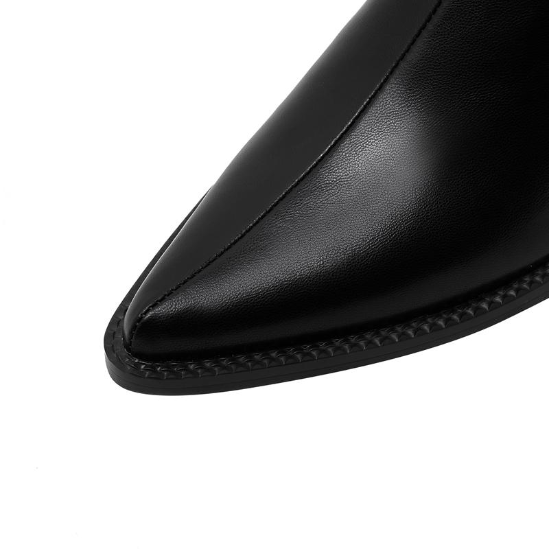 Fashion Kaky's New Pointed Cow Tied Leather Thick Heel Medium Heel Large Women's Slippers, Wrapped Half Slippers, Muller Shoes