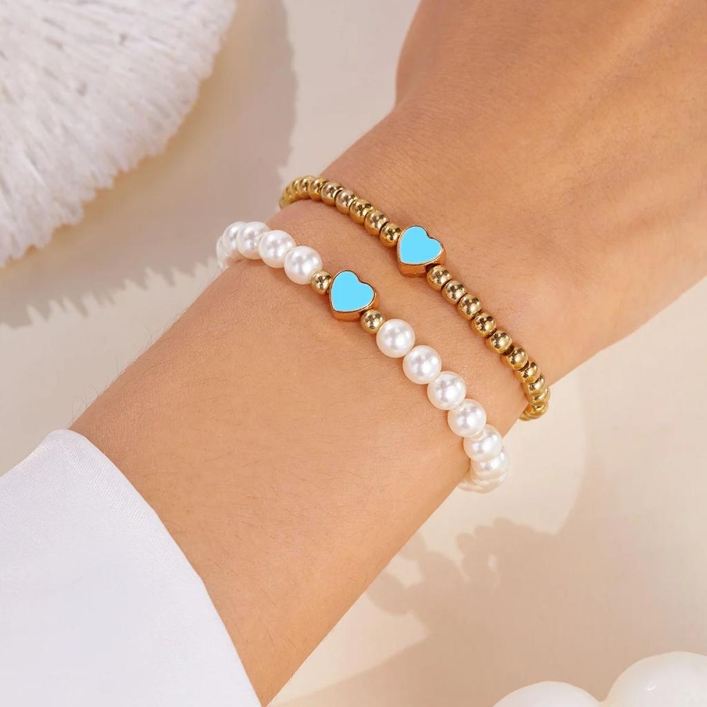 Double Layer Colorful Heart Beaded Bracelets for Women Elegant Imitation Pearl Handmade Bracelets  Friendship Jewelry
