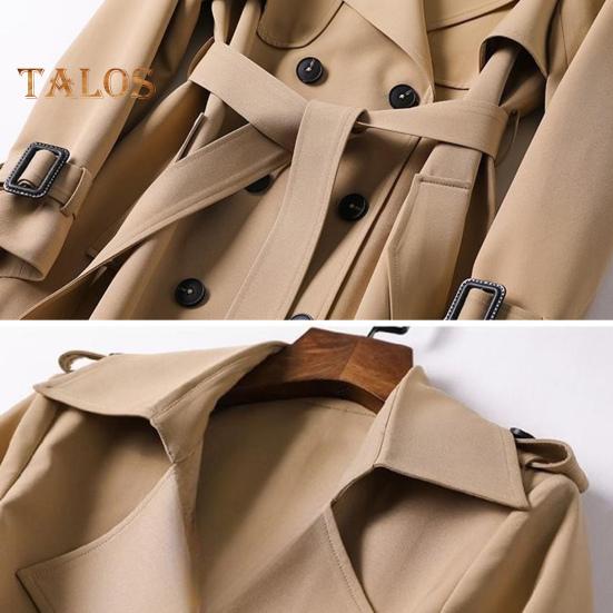 Fall Winter Women Jacket Double-breasted Buttons Solid Color Turn-down Collar with Belt Mid Length Windproof Outdoor Overcoat