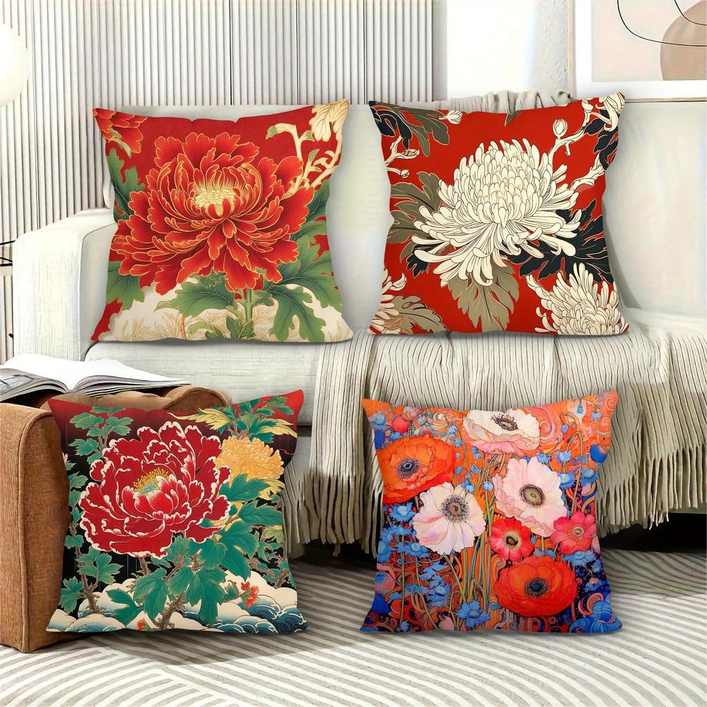 Asian Floral Peony Pillow Covers, Japanese Ukiyo-E Style Decorative Throw Pillow Cases, Oriental Home Decor Cushion Covers