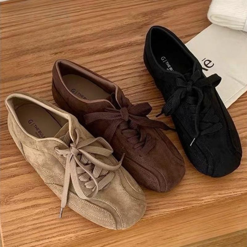 Suede Retro Lace Up Casual Flat Shoes Women Comfort Shallow Autumn Footwear Female Brown Fashion  Ballet Sneakers Women