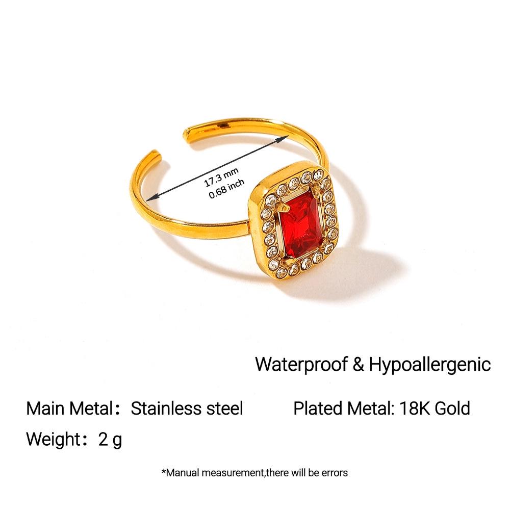 18K Gold-Plated Red Zirconium Square Stainless Steel Open Ring for Women - European/American High-End Style, Colorfast.