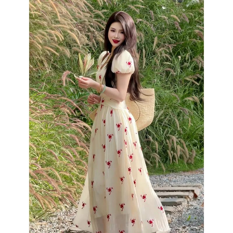 

Women s Cream Floral Print Maxi Dress V Neck Puff Sleeve Boho Beach Dress S абрикосовий