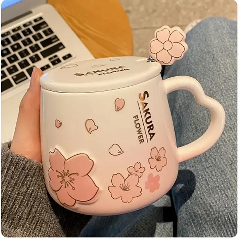 New High Beauty Mug with Lid Spoon Sakura Powder Household Lovely Breakfast Lovers Milk Coffee Mug Ceramic Mug
