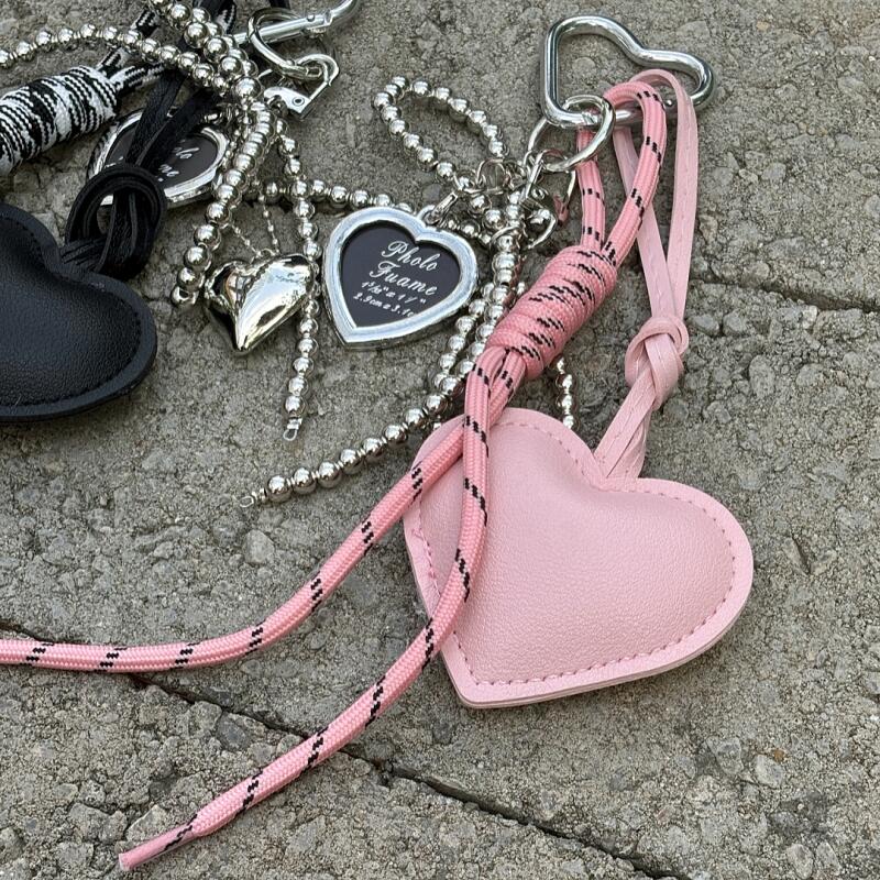 Trendy leather heart + silver ribbon pendant keychain bag hook