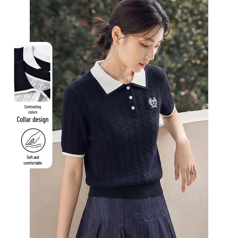 Women s Color Block Lightweight Knit Polo T-Shirt M темно-синий