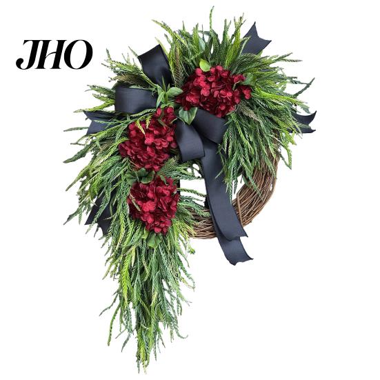 Wedding Gift Garland Artificial Hydrangea Wreath for Front Door 16 Inch Lifelike Floral Seasonal Hanging Decor with Burlap Bow Wall Party Home