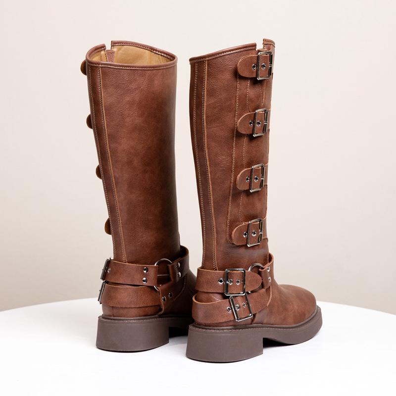 Women's Vintage Brown Genuine Leather Over-the-Knee Knight & Cowboy Boots