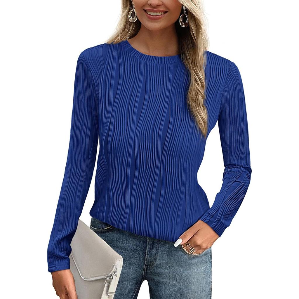 Women's Fashion Round Neck Long Sleeve T-Shirt Solid Color Textured Bottom Top