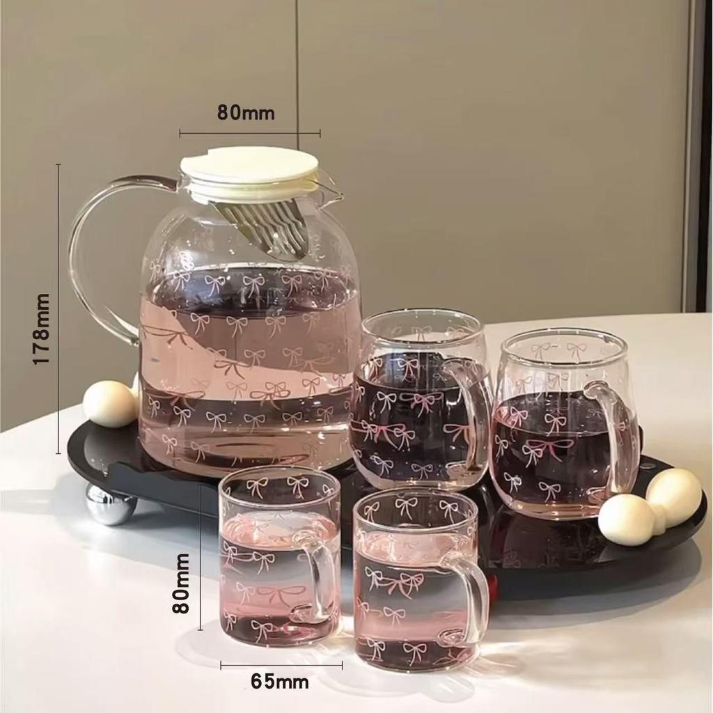 Sweet Bow Heat-Resistant Glass Tea Kettle and Cup Set - Large Capacity