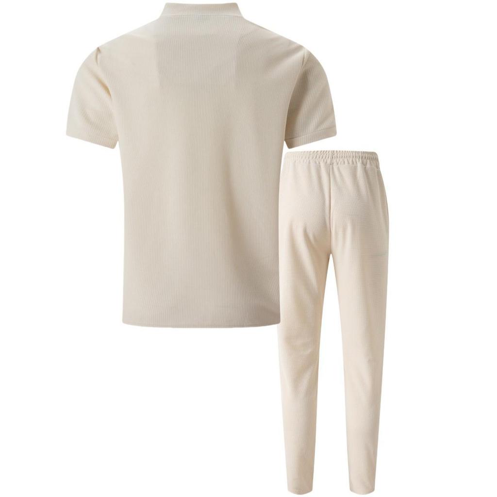 Summer 2025 Men's Waffle Knit Stand Collar Zipper Top and Long Pants Set - European & American Style