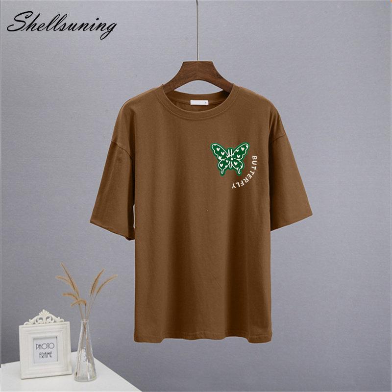 Shellsuning Sommer Baumwolle O Neck T Shirts Frauen Schöne Schmetterling Kurzarm 3D Brief Drucken Tees Lose Weiche Grundlegende Weibliche tops