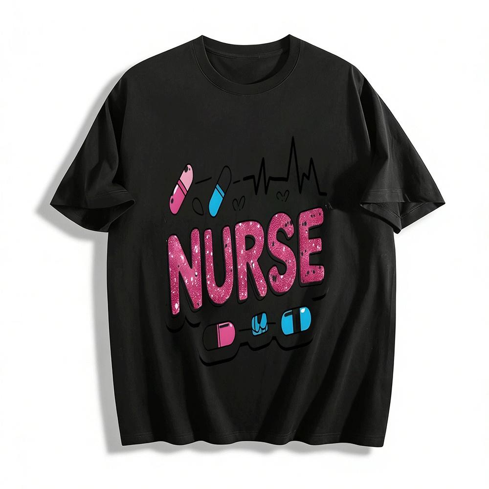 Glitter NURSE Print Casual Top Medical Themed Tee Pure cotton T-shirt XXS