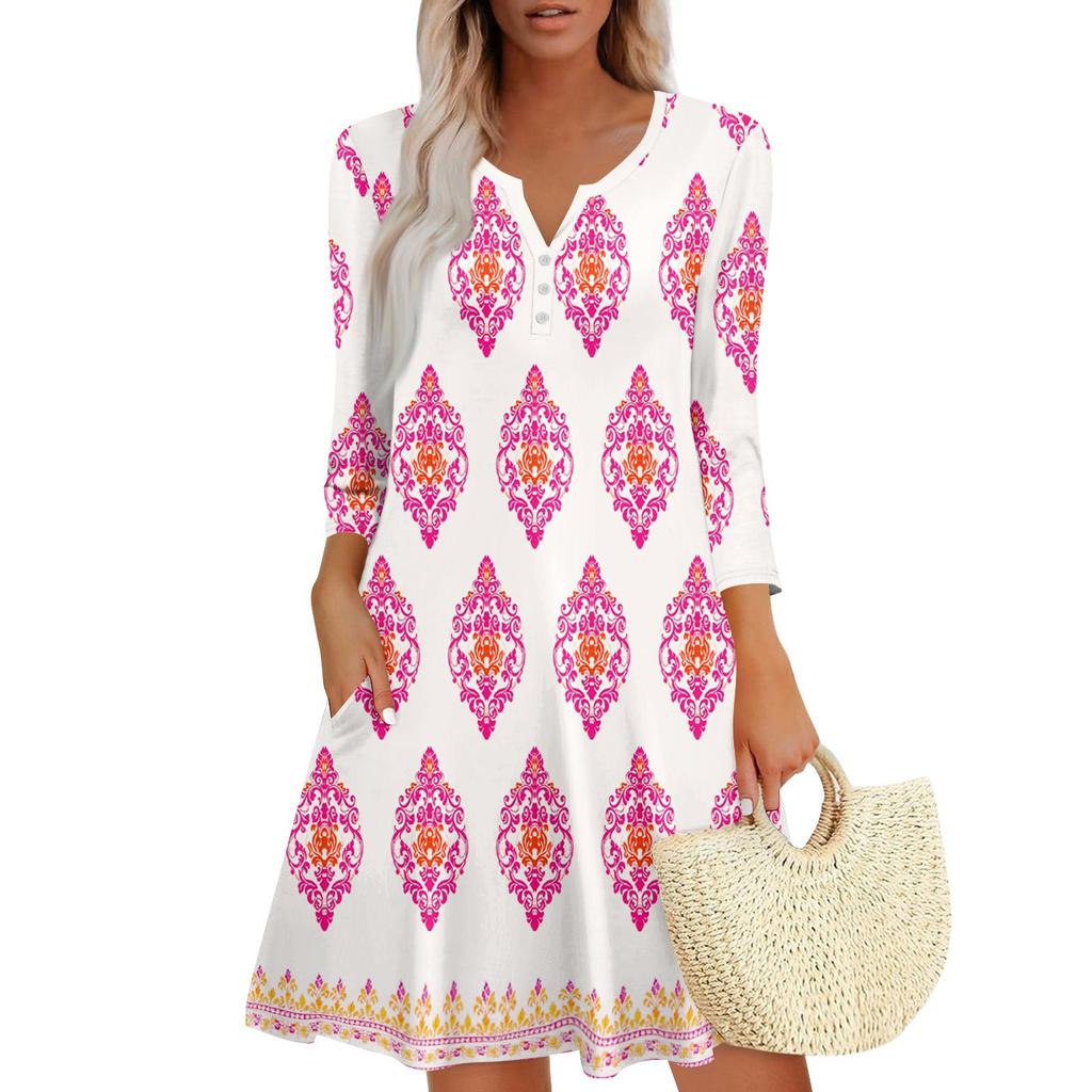 Women's Summer Dress Loose V Neck Three-quarter Sleeve Sundress With Pockets Dress