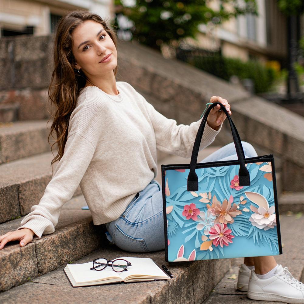 Fashion Floral Bunny Pattern Tote Bag Large Capacity Casual Portable Daily Shopping Shoulder Handbag
