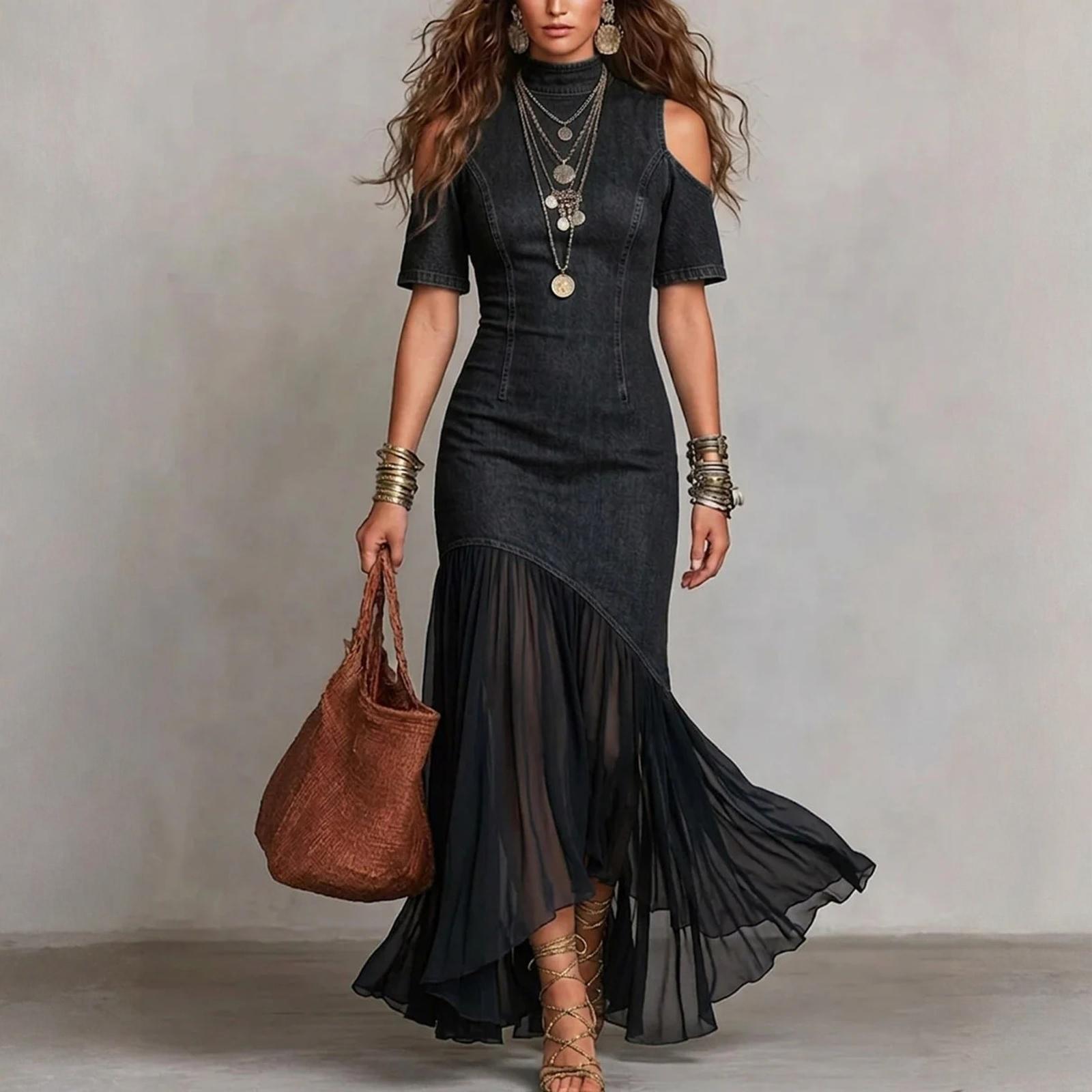 Ladies  Casual And Fashionable Off Shoulder Short Sleeved Mesh Hem Dress L