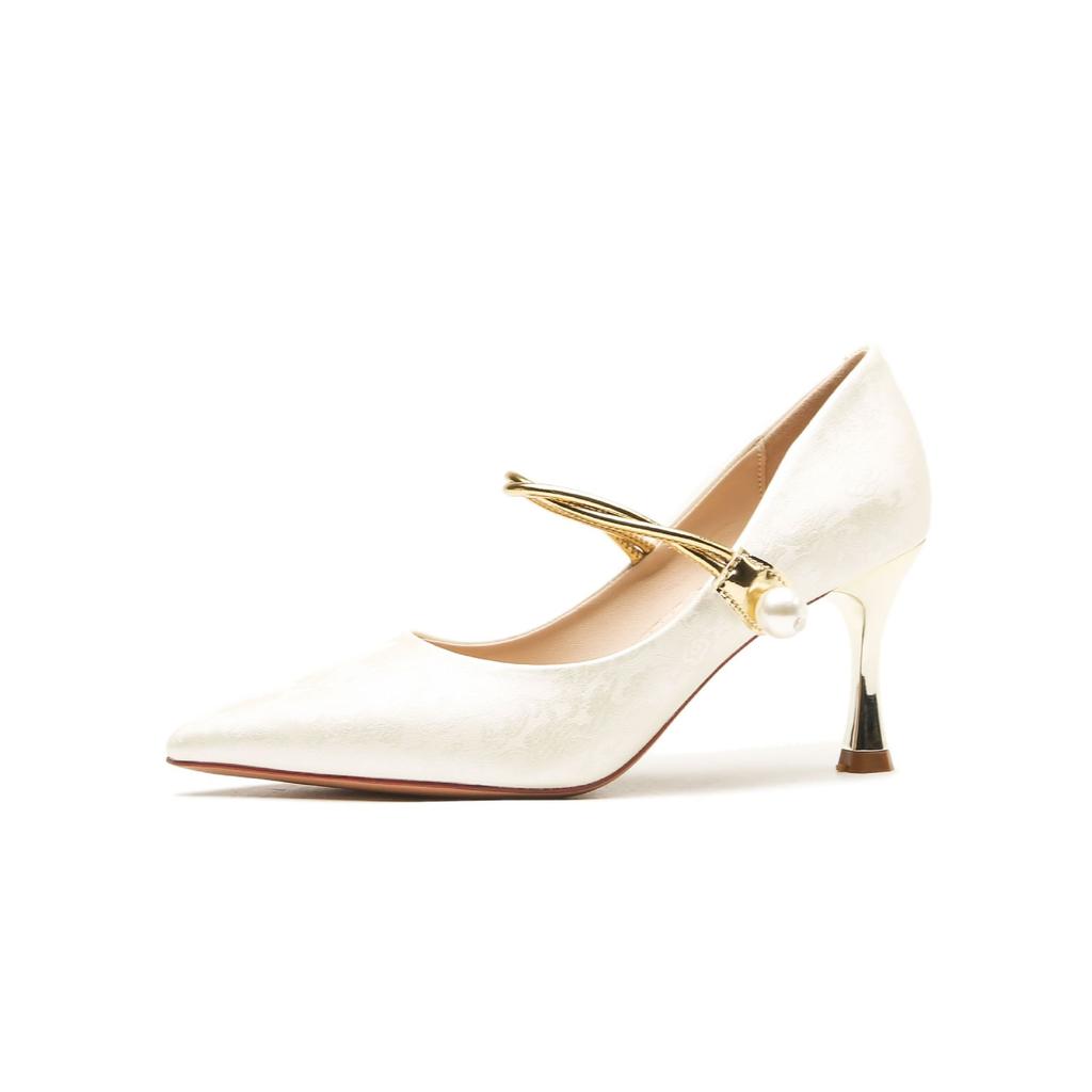 -High heels women's thin heels pointed toe shallow mouth women's shoes single shoes pearl buckle Chinese style banquet shoes
