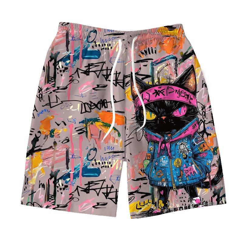 3D Print Colorful Graffiti Cat Short Pants For Cute Animal Pattern Beach Shorts