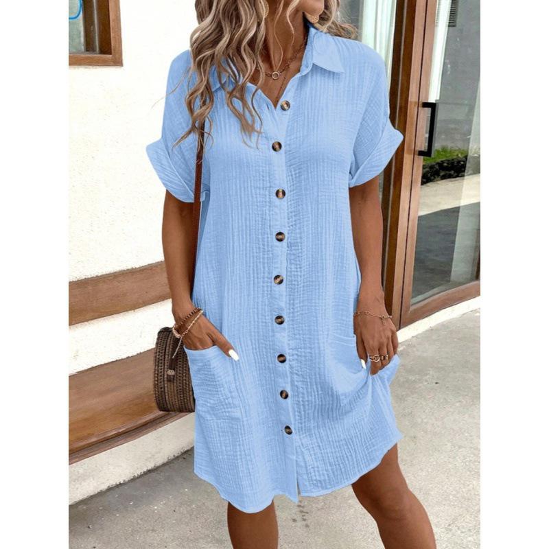 2024 Hot Seller: Summer V-Neck Button Cotton Linen Shirt Dress for Women