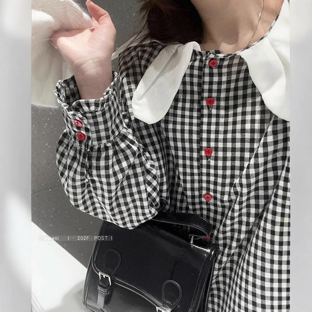 Kunst Petal Kragendesign Japanisches Retro Karomusterhemd Damen Frühling Neu Nische Schick Gestapeltes Top